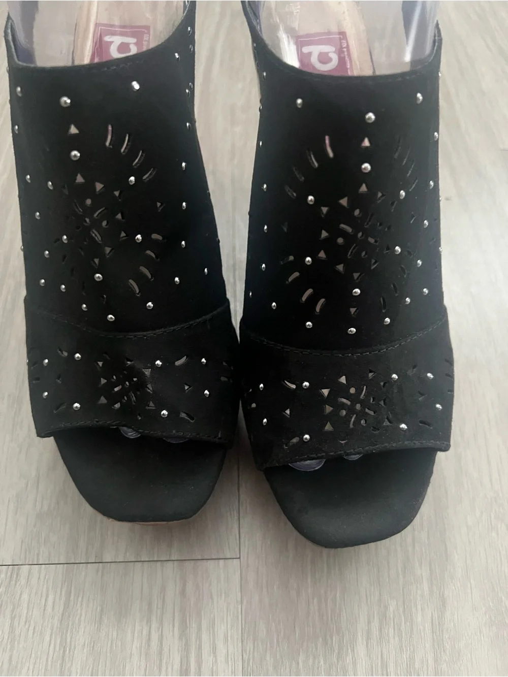 POP Edi Persons Black Studded Cork Wedge Sandals Peep Toe Slingback Size 8.5